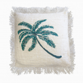 Linen Cushion 45x45cm Palm Tree with fringe - Click Image to Close